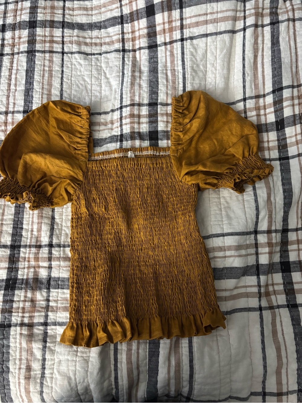 Marigold Linen Puff-Sleeve Smocked Women's Top